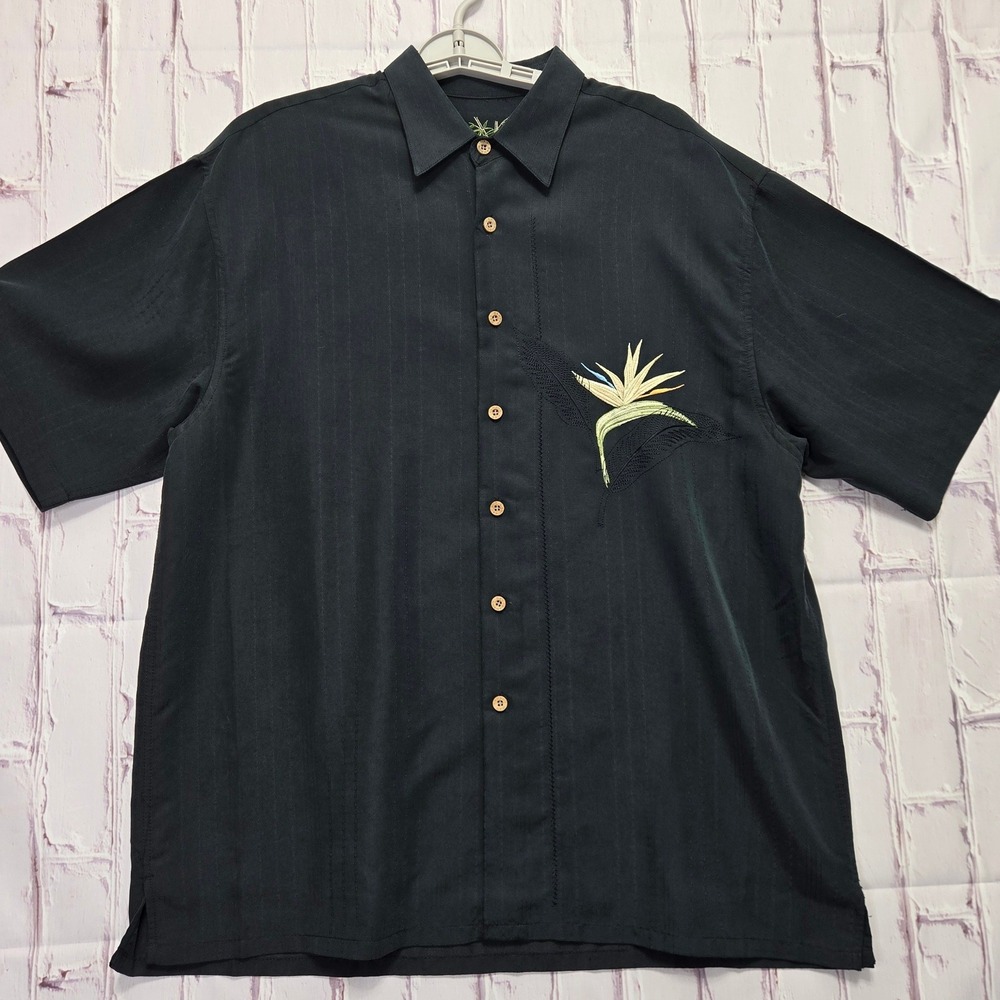 Bamboo Cay Button Shirt Black Bird of Paradise Embroidered Camp Aloha Mens Large